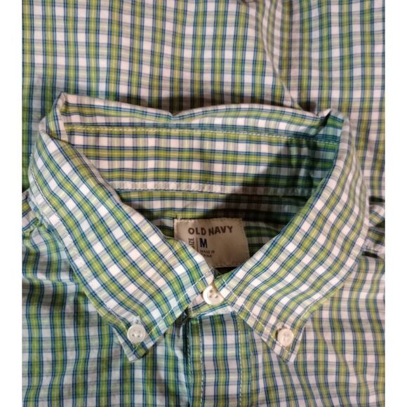 Old Navy Shirt Men's Medium Green White Check Button Front Long Sleeve - Picture 5 of 8